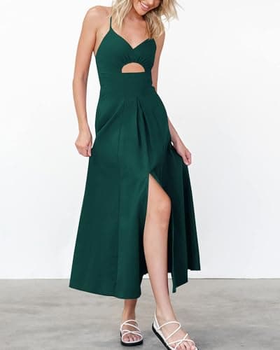 BTFBM Women 2026 Spaghetti Strap Midi Summer Dresses Sleeveless V Neck Cutout Slit Casual Beach Party Maxi Dress Pockets(Dark Green, XX-Large) - Thumbnail 4