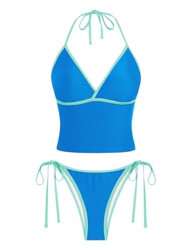 ZAFUL Halter Tankini Swimsuits for Women Cute V Neck Tummy Control Tie Side High Cut Bikini Swimsuits 2 Piece Gingham Bathing Suits Chic Tankini Set Blue XL - Image 1
