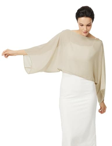 BEAUZSUZSANA Women Chiffon Bolero Cape Capelets with Arm Holes Shawls and Wraps for Evening Dress Bridal Wedding Party (Champagne,L-XL)