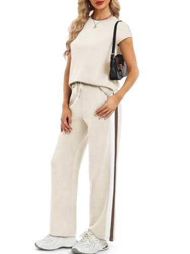 Casly Lamiit 2 Piece Sets for Women Crew Neck Travel Summer Outfits Casual Lounge Set Cap Sleeve Beige M - Thumbnail 3