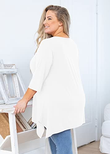 AusLook Plus Size Tunic Tops for Women 3/4 Sleeve White 3X Blouses Crewneck Clothes Flowy Clothing Loose Fit Babydoll Summer Fall Winter Maternity Shirts Wear with Leggings - Thumbnail 5