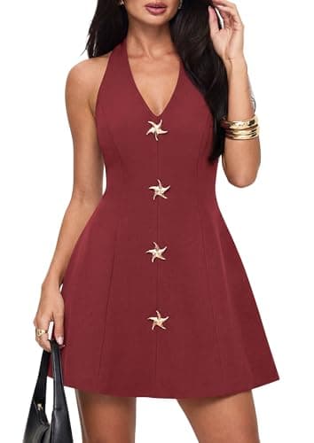 PRETTYGARDEN Summer Cocktail Dresses for Women Short 2026 Spring Halter V Neck Beach Party Backless A Line Mini Dress (Burgundy,Large)