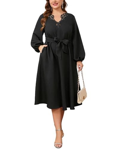 EYWOL Women Plus Size Elegant Cocktail Dress Cutwork V-Neck Midi A-Line Dress with Belt,Formal Wedding Guest Party Prom Dress Black - Image 1