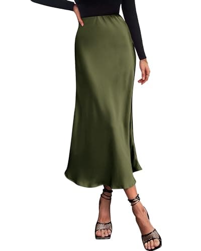 BTFBM 2026 Summer Womens Skirts Silk Elegant High Waist Flowy Long Satin A-Line Midi Skirt Cocktail Wedding Party(Light Army Green, Large) - Image 1
