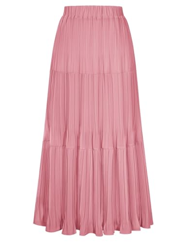 Kate Kasin 2026 Women's Chiffon Maxi Skirt, High Waist Pleated Skirts, Summer Flowy Long Skirts with Underskirt Pink - Image 1