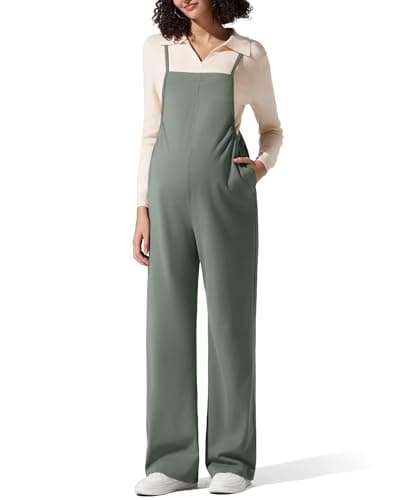 G4Free Maternity Overalls Wide Leg Dress Pants Stretchy Pregnancy Loose Jumpsuit Adjustable Strap with Pockets(Gray Sage,M,Petite) - Image 1