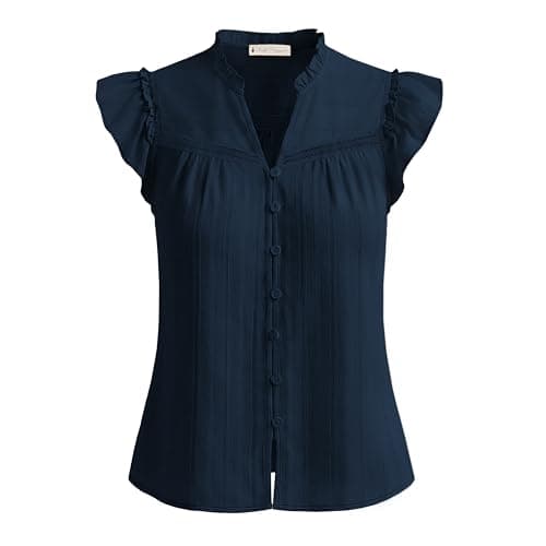 Belle Poque Women's Ruffle Short Sleeve Cotton Shirts V Neck Button Down Lace Crochet Blouses Spring Summer Dressy Casual Tops 2026 Navy Blue L - Image 1