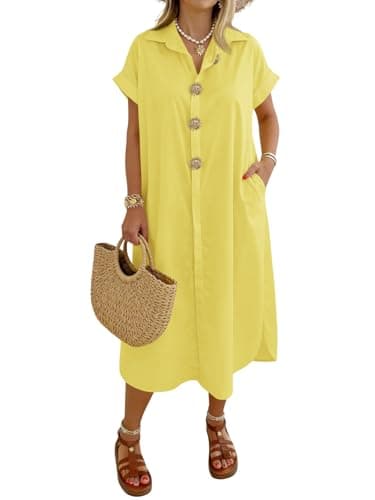 Wenrine Womens Summer Shirt Dress Casual Short Sleeve Button Maxi Dresses Beach Cover Up with Pockets Yellow - Image 1