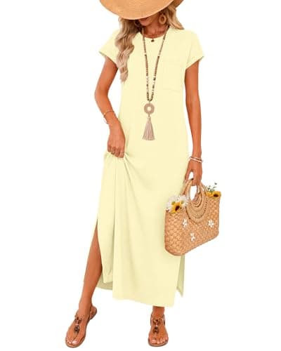 AUSELILY Women Summer Maxi Dress Short Sleeve Loose Split Wrinkle-Free Beach Travel Sundress with Pockets 2026 Light Yellow L - Image 1