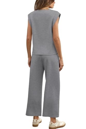 Sampeel Beach Vacation Clothes for Women Summer Outfits Airport Travel Business Casual V Neck Top Sets Matching Sets Women Clothing Plus Size Gray 2XL - Thumbnail 5