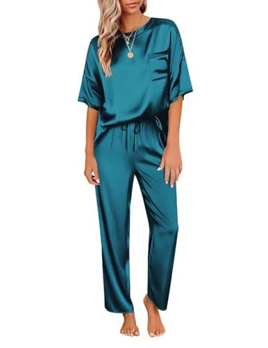 Ekouaer Womens Silk Satin Pajamas Set Two Piece Pj Sets Sleepwear Loungewear Short Sleeve Pj Sets Green - Image 1