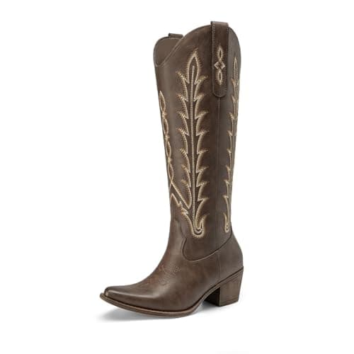 Athlefit Cowboy Boots for Women Cowgirl Western Knee High Comfortable Slip On Chunky Heel Square Toe Embroidered Fall Fashion Tall Dancing Boots Dark Brown Dark Brown Size 8.5 - Image 1