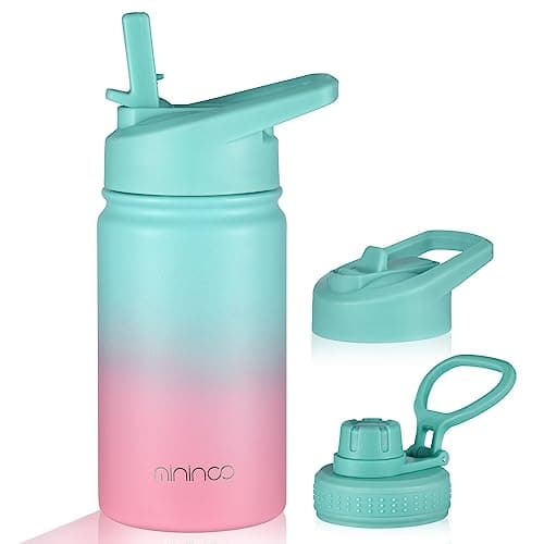 mininoo Insulated Kids Water Bottle, 12 oz Stainless Steel Water Bottle Kids with Straw Lid and Chug Lid for Girls, Boys (Punch/Purple)