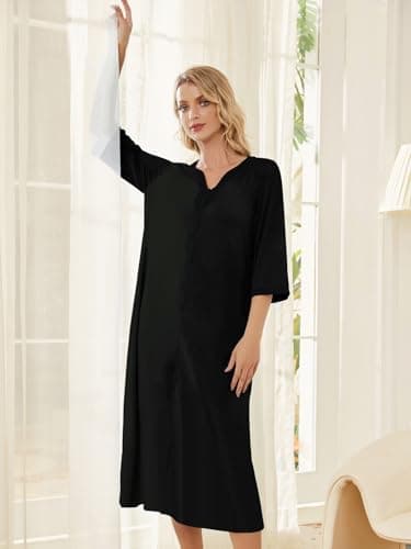 PITINAN House Dress for Women Zipper Front Robes Short Sleeve Nightshirt Zip Front Bathrobe Nightwear Mumu Dresses House Dress With Pockets Black XL - Thumbnail 2