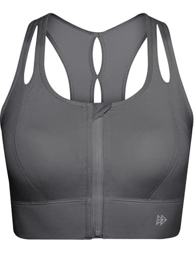 Yvette Sports Bras for Women High Impact Support, Front Zipper Running Bra Plus Size, No Bounce with Racerback & Sewn in Pads,Grey,42D 42DD 42DDD - Image 1