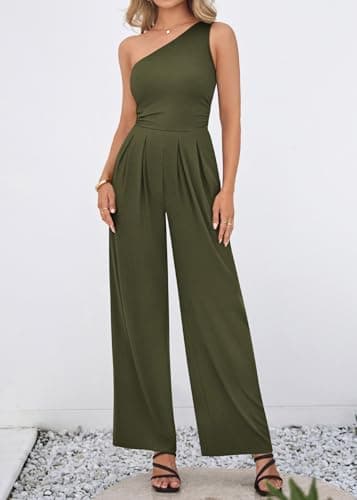 KIRUNDO One Piece Jumpsuits For Women Dressy 2026 Sleeveless One Shoulder Ribbed Wide Leg Rompers With Pockets Summer Outfits - Thumbnail 3