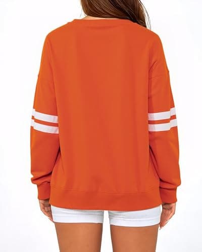 KevaMolly Women Varsity Striped Drop Shoulder Sweatshirt Orange XXL - Thumbnail 3