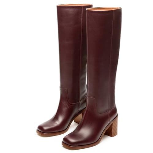 heelchic Burgundy Knee High Boots for Women, Square Toe Chunky Block Heeled Long Boots, Tall Boots 9.5 - Image 1