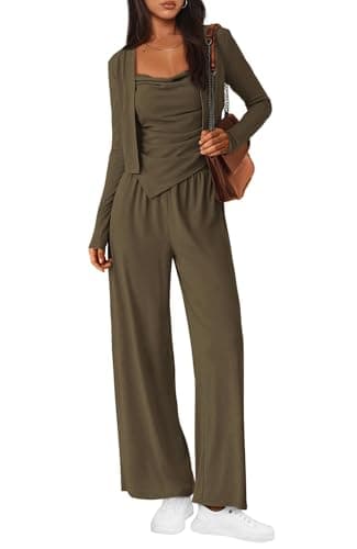 BTFBM Women's Fall Lounge Sets 3 Piece Outfit Tracksuits Casual Long Sleeve Tops High Waisted Sweatpants Set(Army Green,X-Large) - Image 1