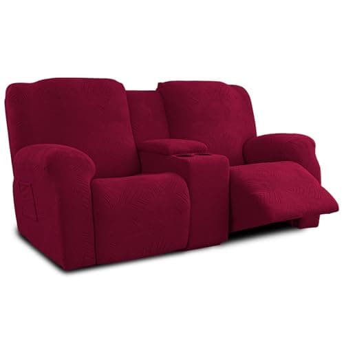 Cushonix Recliner Loveseat Covers with Console,6-Piece Stretch Geometric Strokes Jacquard Reclining Chair Slipcovers,Seamless Furniture Protector,Soft Breathable Couch Cover,Wine Red - Image 1