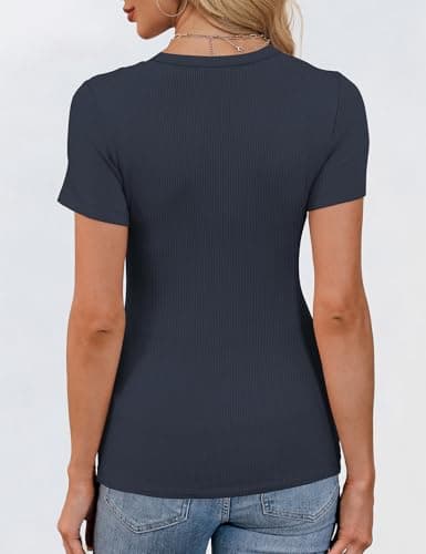GKBK Womens Short Sleeve Tops Crew Neck Ribbed Fitted Tight Shirts Layering Top Basic Tee Tshirts Cute Summer Tops Casual Spring Clothes Outfits 2026 Trendy Navy Blue - Thumbnail 3