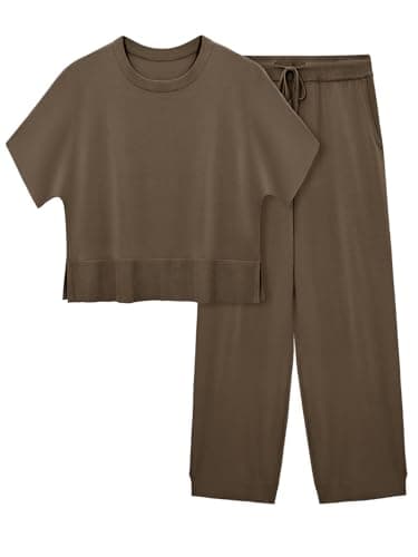 Fisoew Womens 2 Piece Outfits Sweater Sets Knit Split Crop Tops High Waisted Pants Lounge Set - Image 1