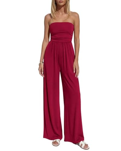 BTFBM Jumpsuits For Women Summer 2026 Beach Vacation Strapless Tube Top Jumpsuit Ruched Casual Wide Leg Pant Rompers(Red, Large) - Image 1