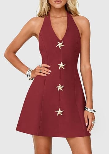 PRETTYGARDEN Summer Cocktail Dresses for Women Short 2026 Spring Halter V Neck Beach Party Backless A Line Mini Dress (Burgundy,Large) - Thumbnail 2