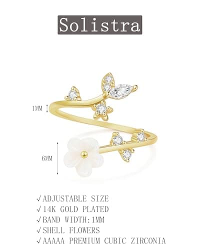 Solistra Rings for Women Non Tarnish, 14K Gold Plated Open Pearl Flower Band Adjustable Cubic Zirconia Rings for Women - Thumbnail 6