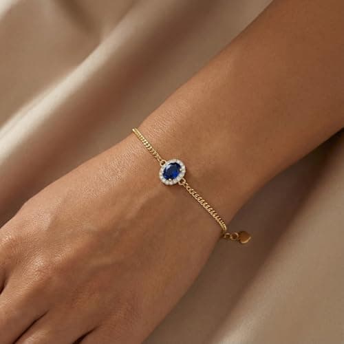 IZZBAT 14K Gold Halo Oval Birthstone Bracelets for Women Yellow Gold Cuban Chain Bracelets for Her Birthday Gifts for Mom Girlfriend - December Birthstone - Thumbnail 2