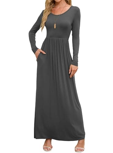 DEARCASE Maxi Dress for Women Gray Small Crewneck Long Sleeve Sundress Wedding Guest A-line Plain Casual Vacation Empire Waist Flowy Party Vintage Spring Fall Winter Floor Dresses with Pocket - Image 1