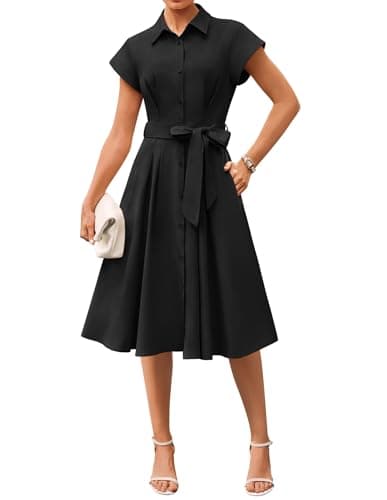 GRACE KARIN Womens Short Sleeve Shirt Dresses 2026 Summer Midi Button Down Dress Work Business Casual Dress with Pockets Black L - Image 1
