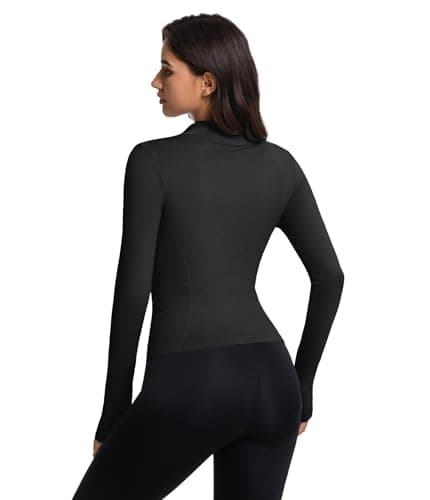 YOAKUKA Women's Long Sleeve Workout Tops Quarter Zip Pullover Workout Shirt Quick Dry Athletic Tops with Thumb Holes Black - Thumbnail 2
