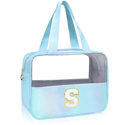 Junesters Personalized Initial S Clear Blue Makeup Bag - Large Travel Toiletry Bag, Cute Cosmetic Organizer Set for Girlfriend, Teacher, Teen Girl Gifts - Image 1