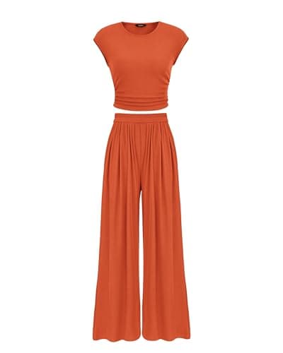 PRETTYGARDEN Women's Summer 2 Piece Outfits 2026 Cap Sleeve Ruched Slim T Shirt Ribbed Knit Wide Leg Pant Sets Tracksuit(Orange,Large) - Image 1