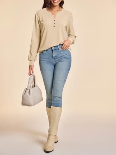 Cicy Bell Womens Puff Long Sleeve Henley Shirts Trendy Casual V Neck Button Up Tunic Tops Loose Fit Basic Tees Beige - Thumbnail 4