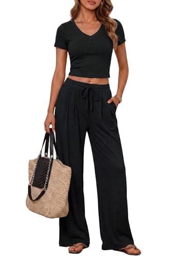 PRETTYGARDEN 2 Piece Sets for Women Summer 2026 Spring Lounge Set Matching V Neck Tops Wide Legs Pants Airport Travel Outfits (Black,Large) - Image 1