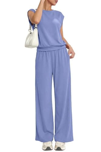 PRETTYGARDEN Women's Summer 2 Piece Lounge Sets 2026 Cap Sleeve Tops Wide Leg Pants Workout Sets Loose Casual Tracksuit(Light Blue,X-Large) - Thumbnail 5