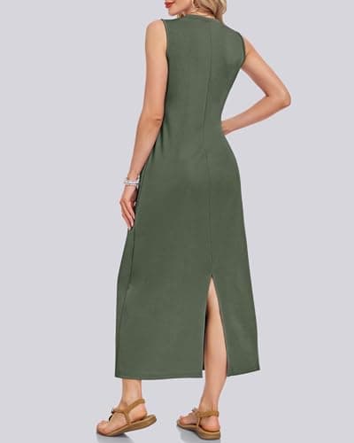 MISFAY Women's Summer Maxi Dress with Pockets Sleeveless V Neck Loose Long Sundress Split Casual Vacation Outfits(Army Green,L) - Thumbnail 2
