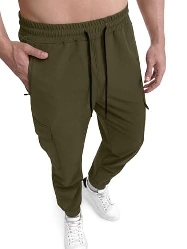 Crastimo Men's Tapered Slim Fit Cargo Pants Lightweight Athletic Sweatpants 5 Pockets Elastic Waist Drawstring Slim Fit Workout Running Travel Casual Army Green M