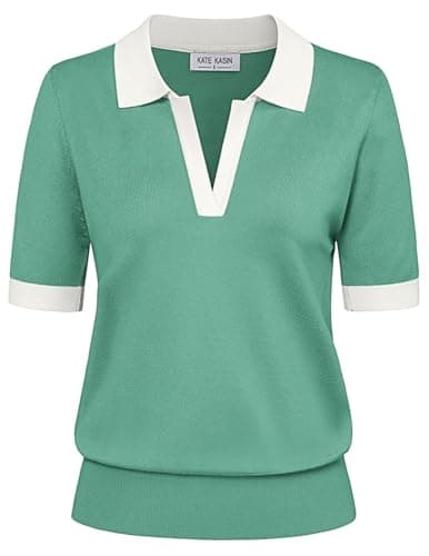Kate Kasin Women Summer Color Block V Neck Knitted Polo Sweaters Tops Short Sleeve Shirt Casual Pullover Sweater Light Green L - Image 1