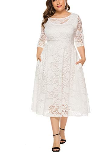 Eternatastic Womens Scooped Neckline Floral lace Top Plus Size Cocktail Party Midi Dress 4XL White - Thumbnail 2