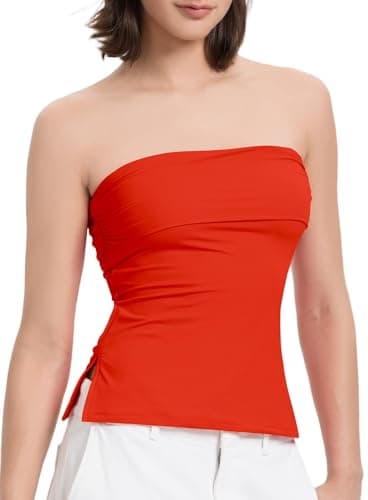 Women Tube Tops Going Out Trendy Tops Double Line Sexy Strapless Side Split Summer Basic Casual Tank Tops Formal Elegant Oufits (Red,L)