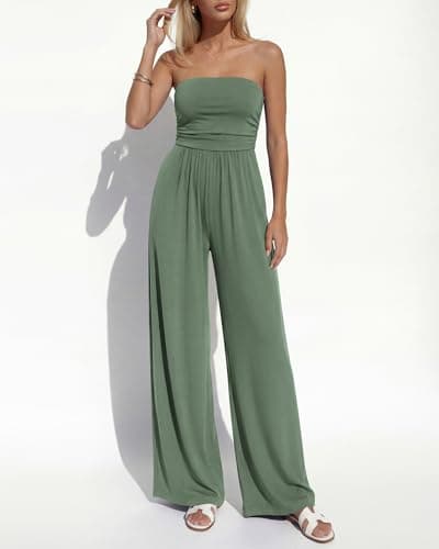 BTFBM Jumpsuits For Women Summer 2026 Beach Vacation Strapless Tube Top Jumpsuit Ruched Casual Wide Leg Pant Rompers(Sage Green, Medium) - Thumbnail 6