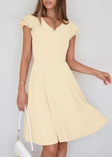 Lazysmile Summer Dresses for Women Ruffle Short Sleeve V Neck A Line Swing Ribbed Knit Casual Mini Short Dress Apricot - Thumbnail 6