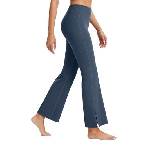 AMLEER Women's High Waist Full-Length Flare Leggings with Side Slit - Tummy Control Butt Lifting Gym Yoga Pants (Blue, Small)