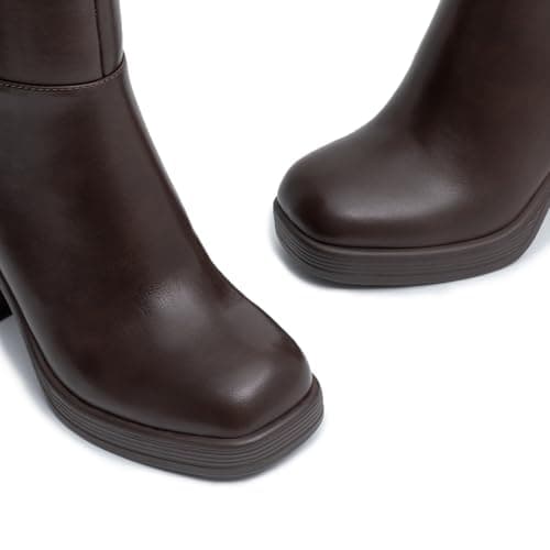 Athlefit Women's Platform Ankle Boots High Chunky Block Heel Brown Boots Fashion Square Toe Zipper Heeled Booties Size 11 - Thumbnail 4