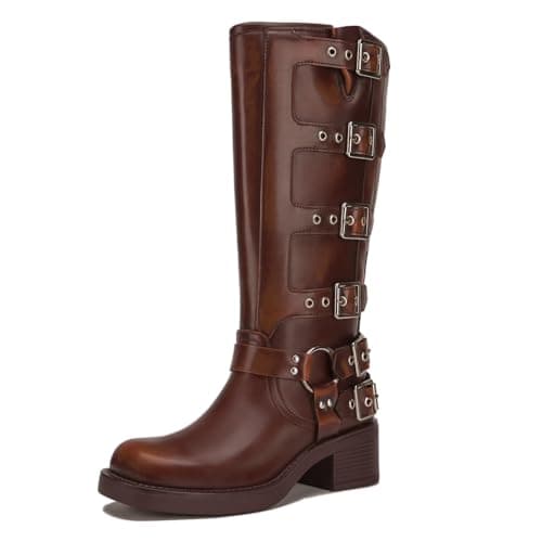 Athlefit Women's Knee High Riding Boots Fashion Buckle Square Toe Chunky Heel Wide Calf Biker Brown Boots Size 8.5 - Image 1