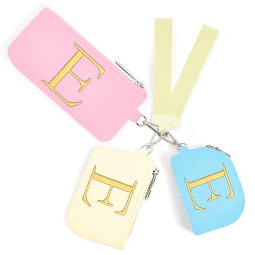 Mini Zip Around Keychain Wristlet Wallets for Women and Girls: Three Coin Purses with 2 Straps - Best Gifts for Birthdays, Christmas, Wedding Parties, Valentine's Day, New Year (E, Blue&Pink&Cream)