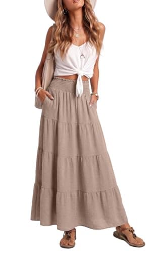 Lepunuo Womens Boho Casual Maxi Skirts Flowy Elastic High Trendy Waisted A-Line Long Skirts with Pockets Beach Vacation - Image 1